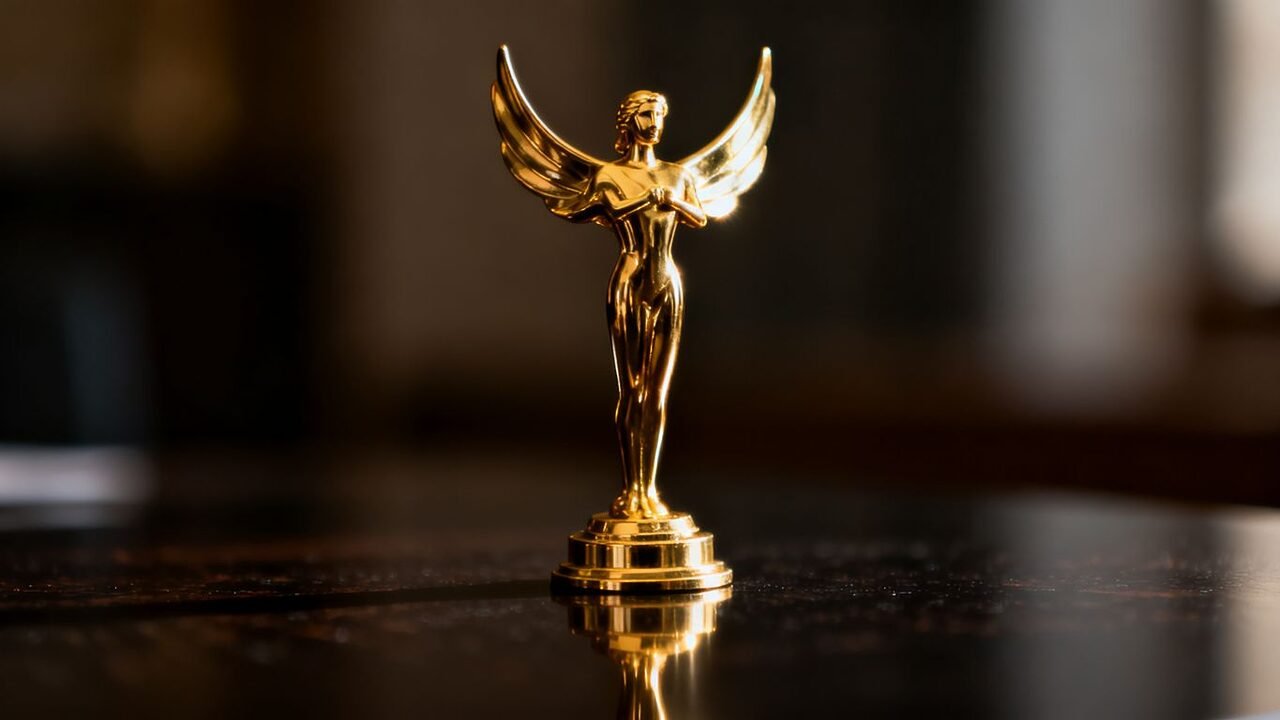 Gouden trofee op donkere achtergrond, symbool van uitmuntendheid.