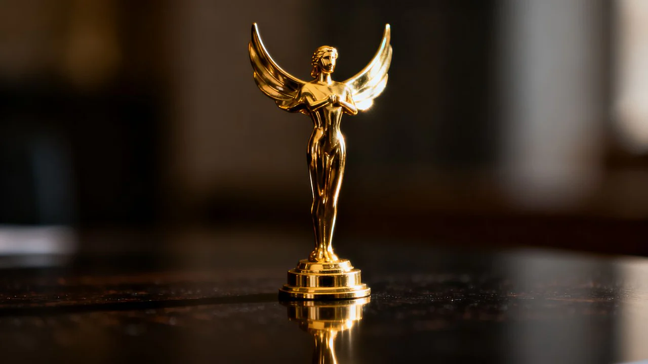 Gouden trofee op donkere achtergrond, symbool van uitmuntendheid.