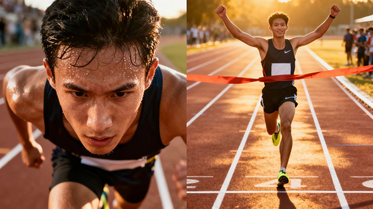 Atleta in pieno sforzo e corridore che taglia il traguardo.