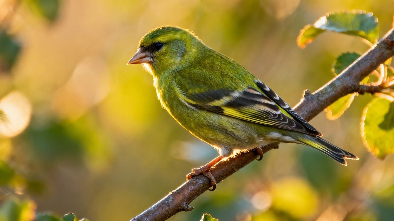 A greenfinch perched on a sunlit branch.