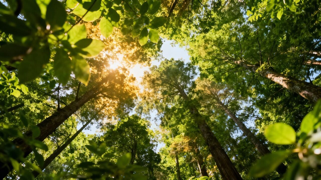 Bosque exuberante con luz solar filtrándose a través de las hojas.