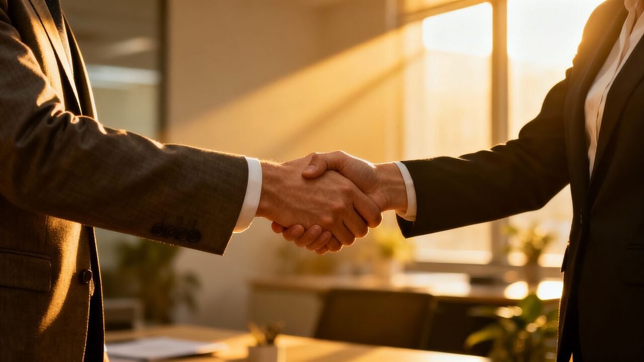 Apretón de manos entre dos corredores profesionales.