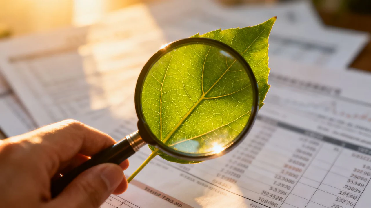 Groen blad onder een vergrootglas, wazige financiële documenten.
