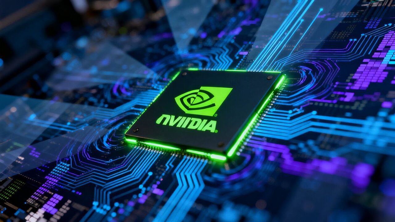 Logo NVIDIA i abstrakcyjne wzory cyfrowe
