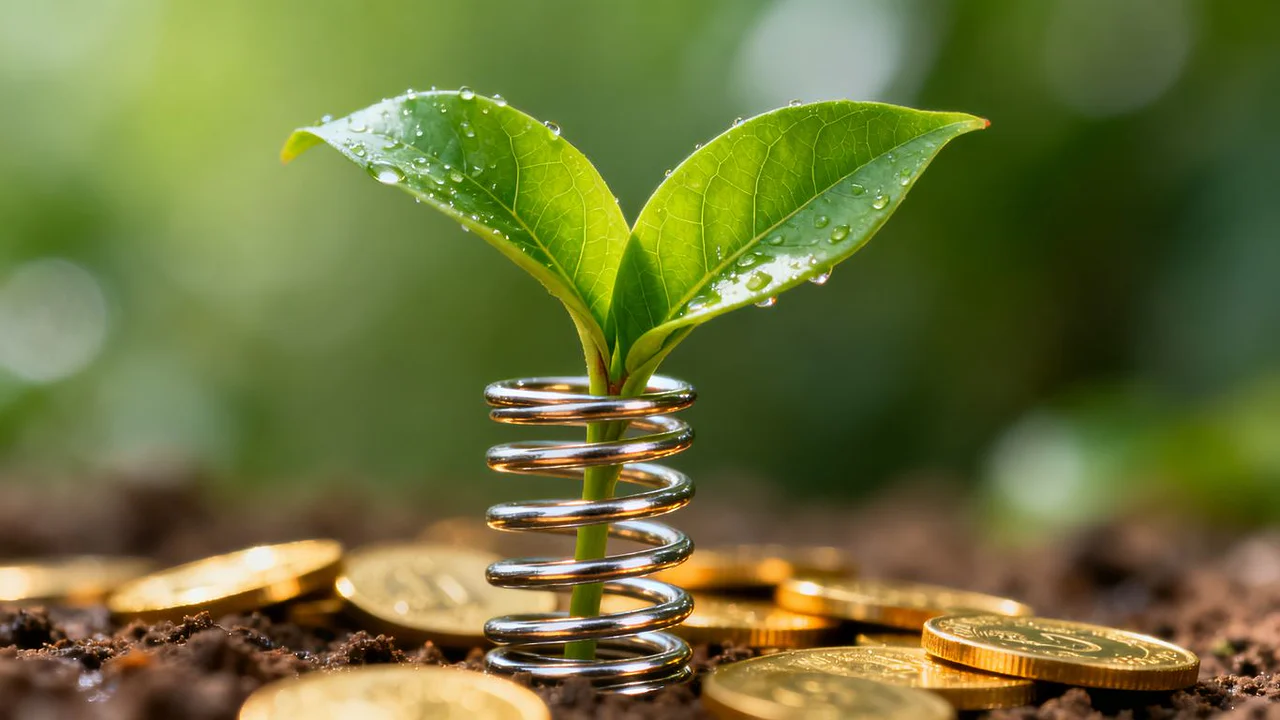 Hoja verde emergiendo de un resorte metálico, simbolizando las finanzas sostenibles.
