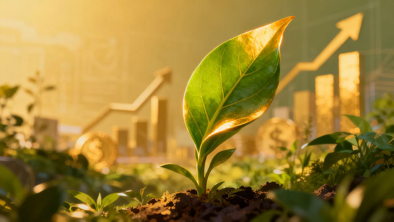 Green leaf with abstract economic shapes in the background.